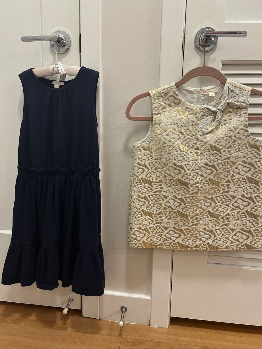 2 Crewcut pieces- Girls Navy Sleeveless Ruffle-Hem Dress and Gold pattern top